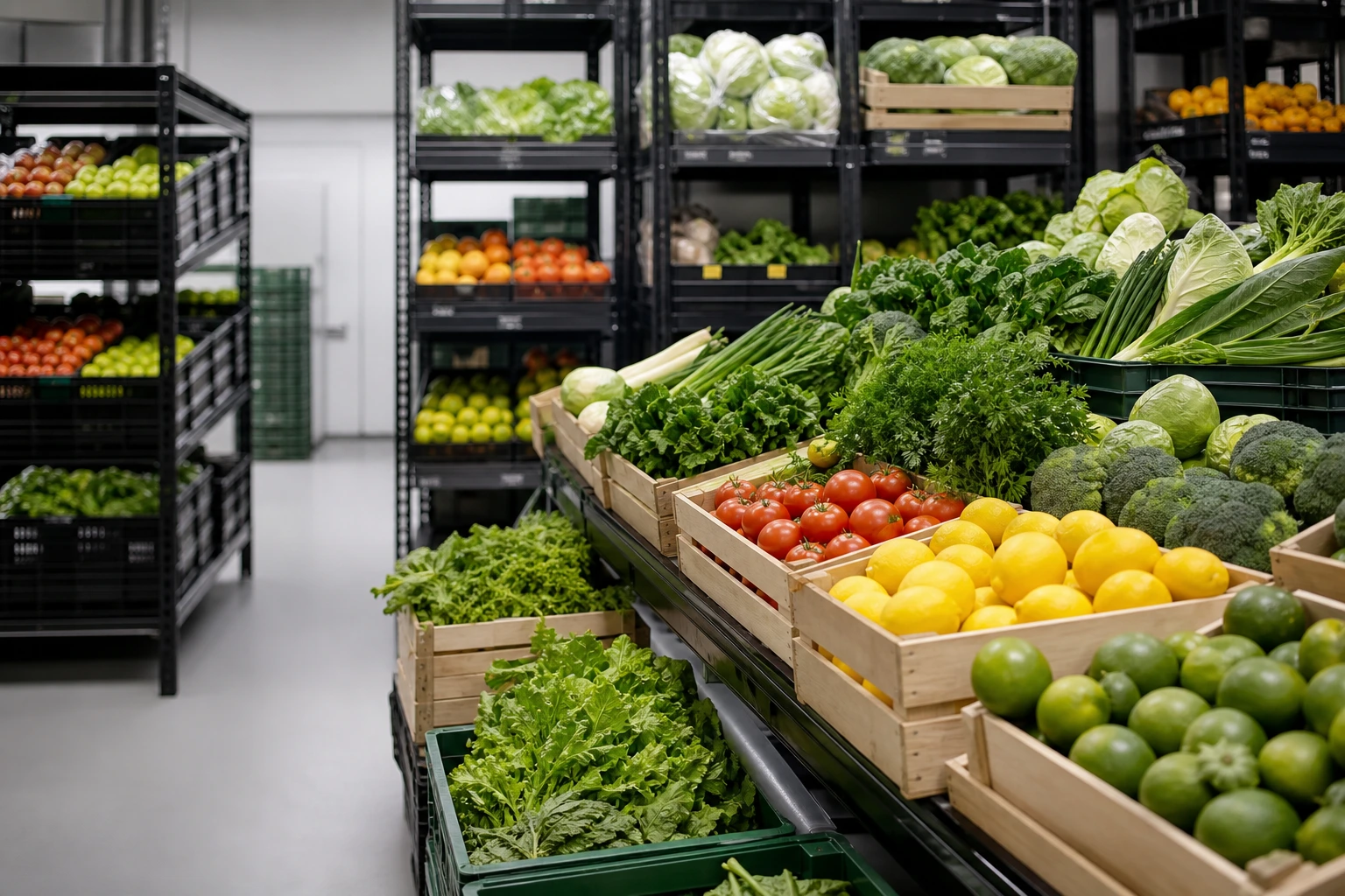 Fresh produce crates with greens citrus and clean market styling
