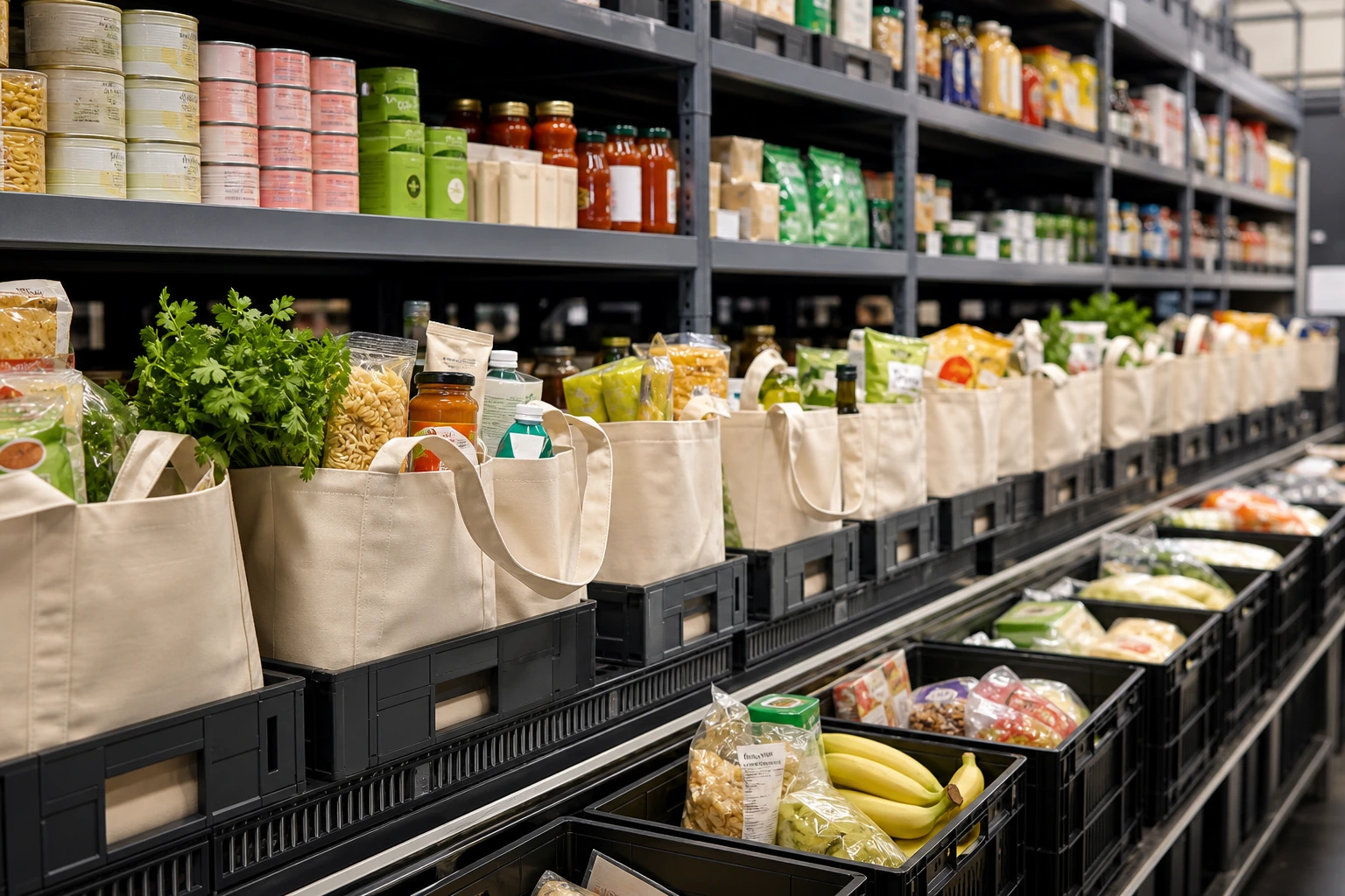 Dark-store picking shelf with grocery totes and organized order bins