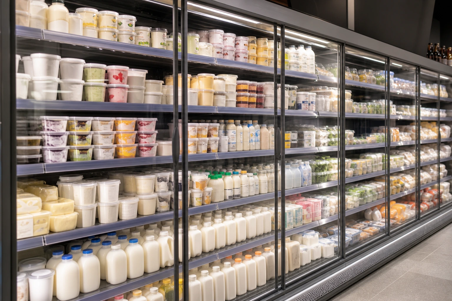 Dairy cooler with milk yogurt and chilled essentials in a clean row