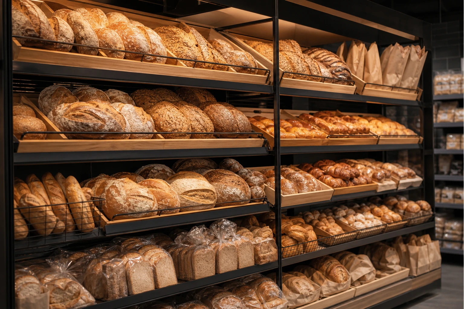 Bakery rack with bread pastries and warm market lighting