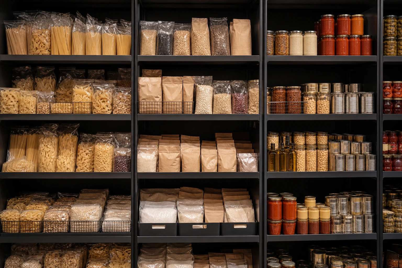 Pantry staples and dry goods arranged on a dark urban grocery shelf