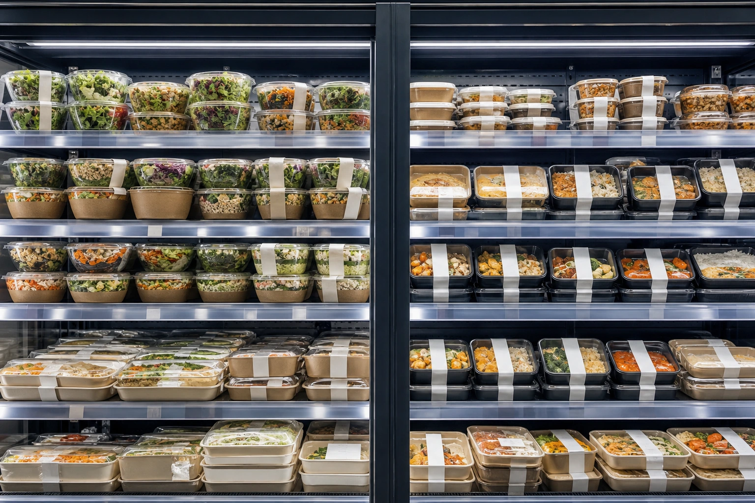Prepared meals fridge with neatly packed urban lunch and dinner boxes