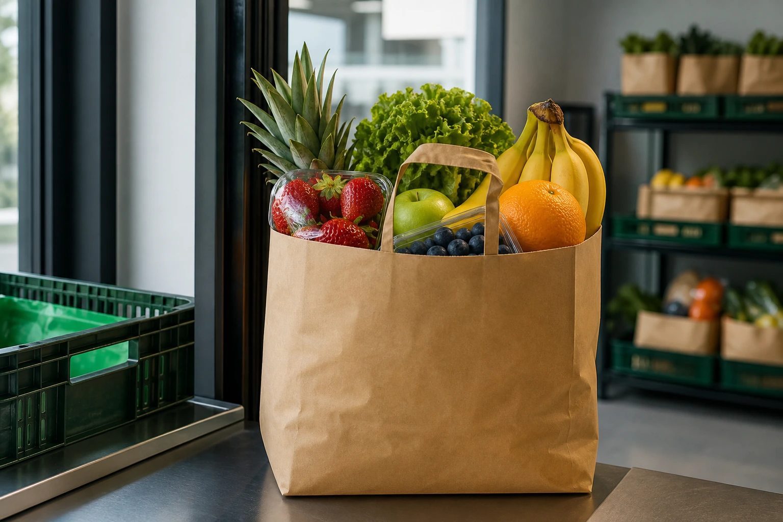 Fresh fruit packed in a grocery bag ready for delivery pickup