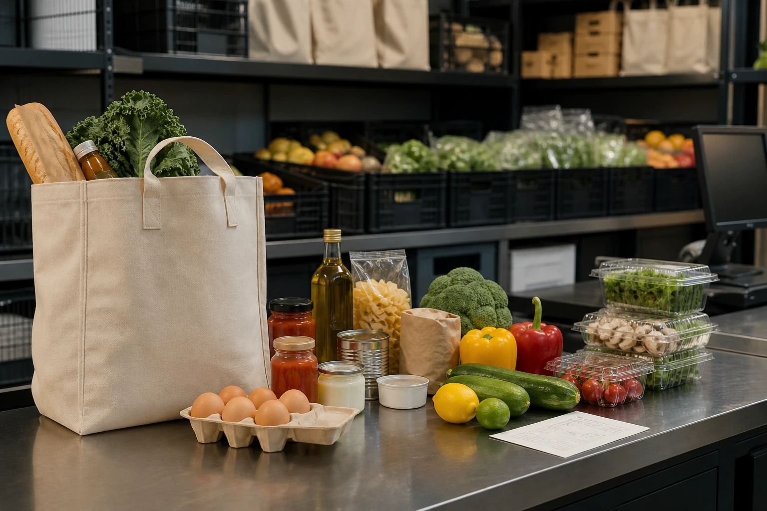 Order packing bench with produce pantry goods and reusable bags