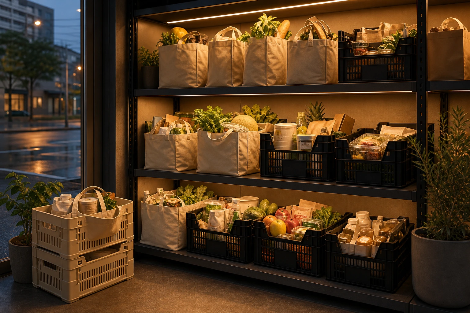 Evening pickup shelf with grocery orders ready for city collection