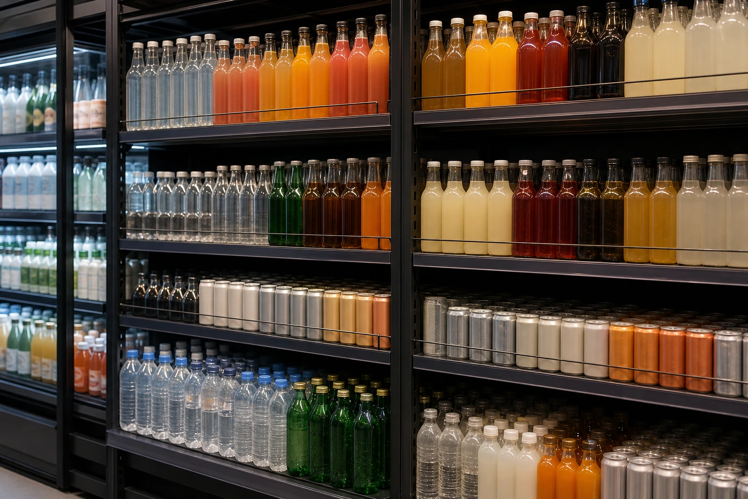 Beverages and chilled bottles stacked in a compact grocery zone