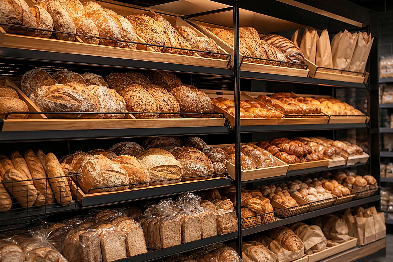 Bread and pastry selection arranged for a warm bakery card